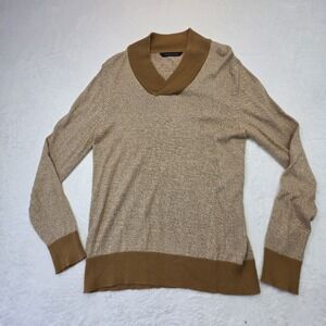 Sean John Mens Sweater Medium Tan Brown V Neck Knit Pullover Cotton